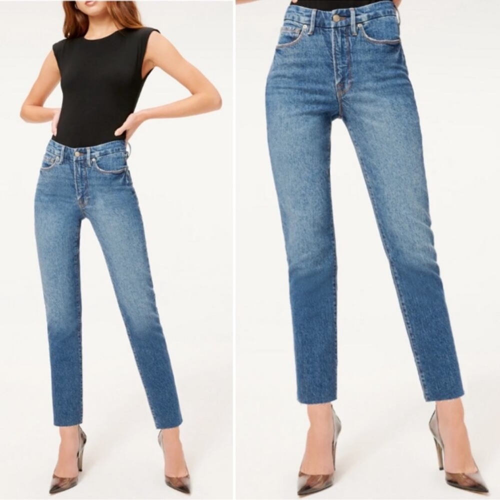 GOOD AMERICAN Good Classic Raw Hem Jeans Straight High Rise Blue940 Size 28 NWT